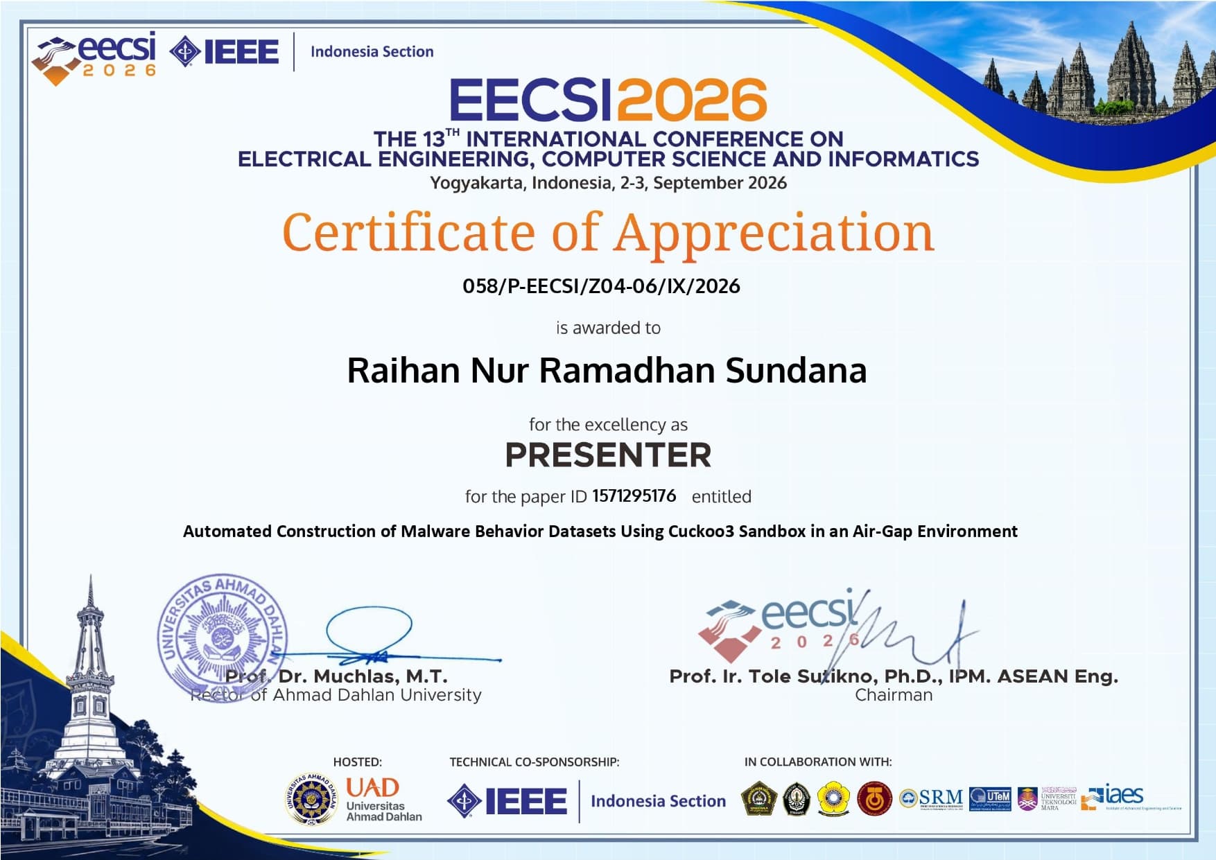 EECSI 2026 presenter certificate for Raihan Nur Ramadhan Sundana.
