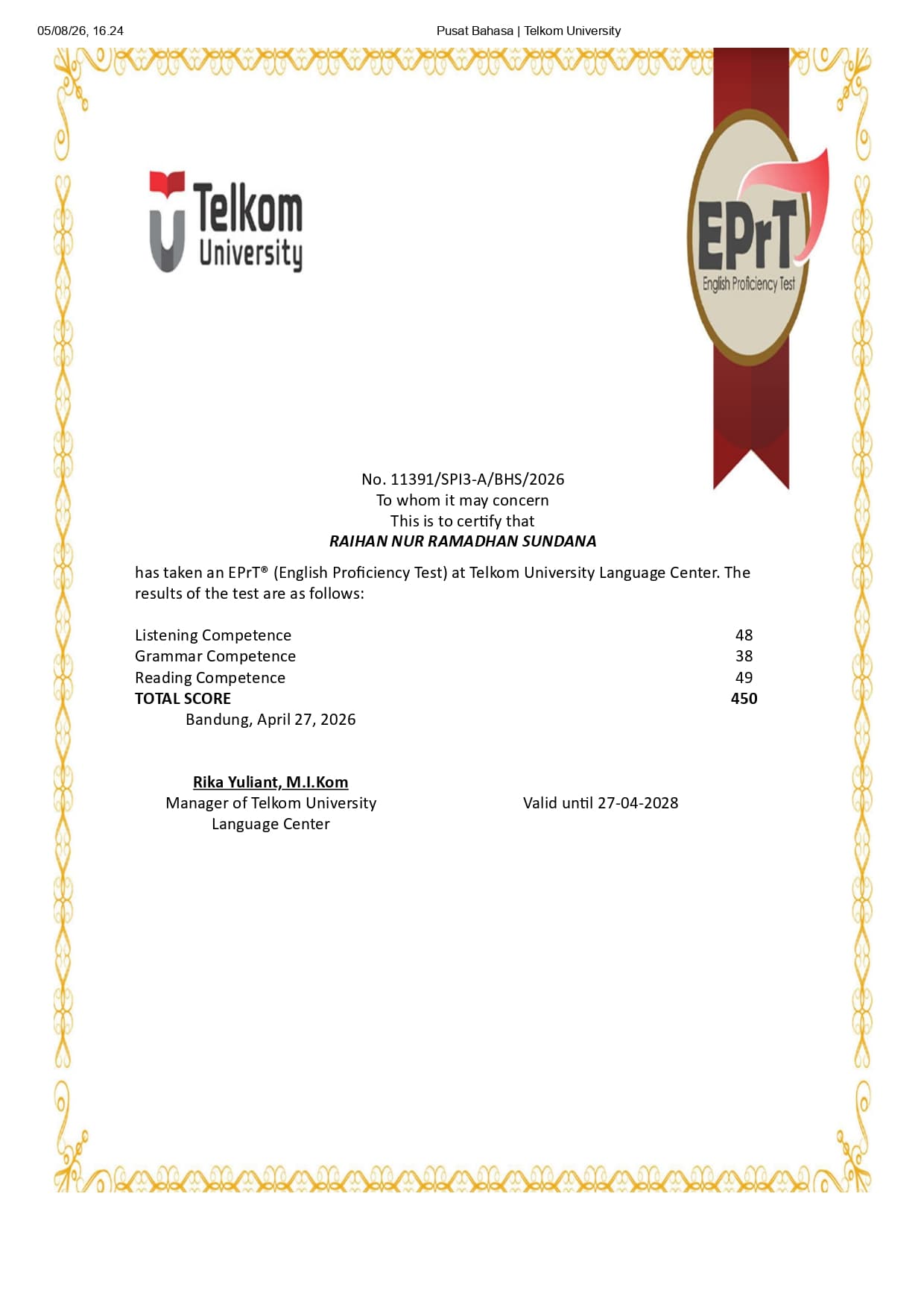 EPrT certificate for Raihan Nur Ramadhan Sundana, total score 450, with QR code concealed.