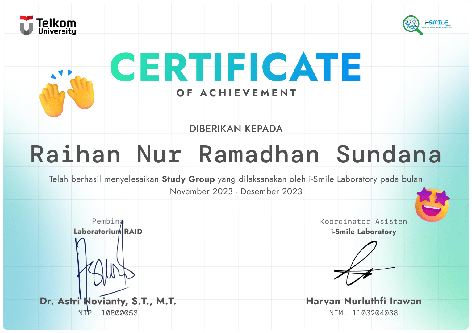 i-SMILE Laboratory study group certificate for Raihan Nur Ramadhan Sundana.