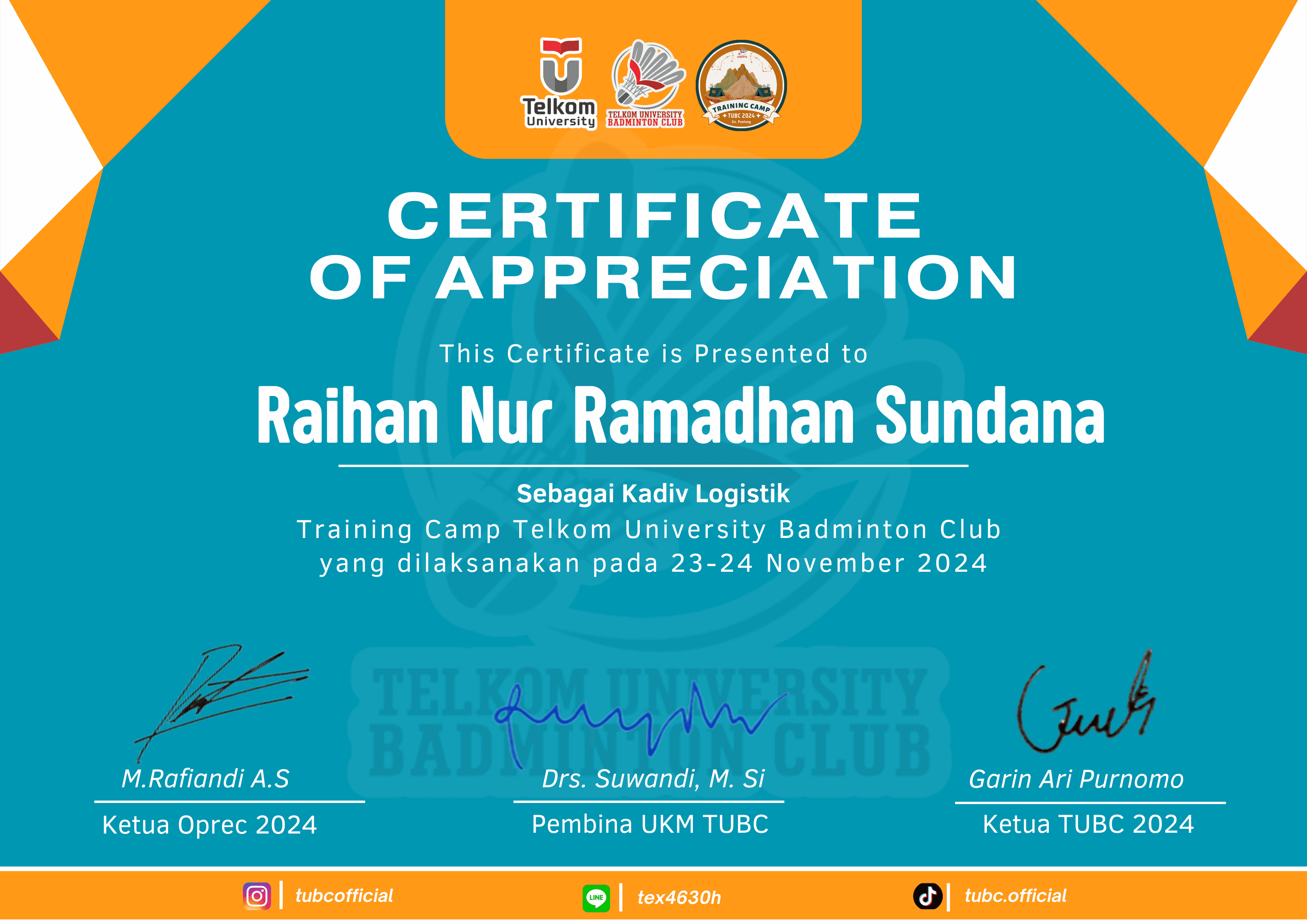 Telkom University Badminton Club Training Camp 2024 committee certificate.